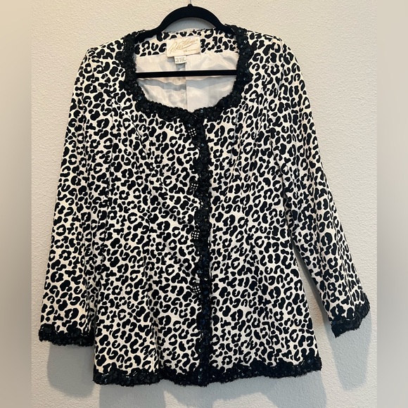 VTG 80s 2 Piece Suit Blazer Jacket Skirt Black White Leopard Print Sequin Trim 6 - Picture 2 of 13